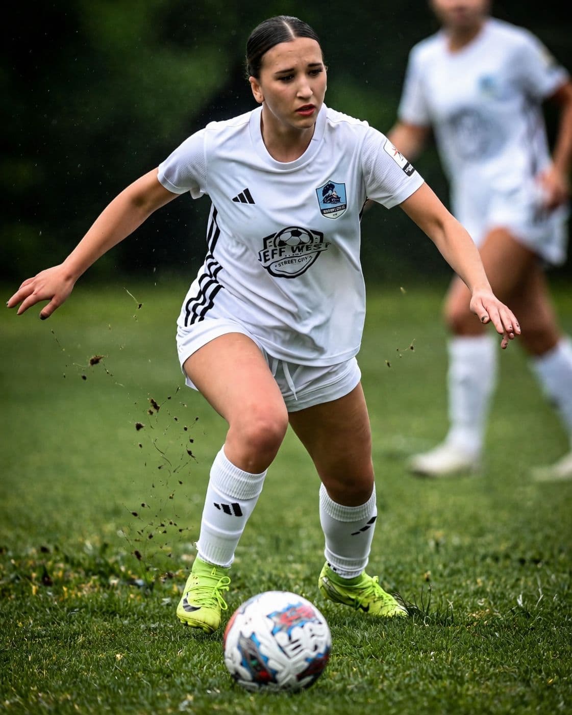 Railway City FC women's player dribbling upfield